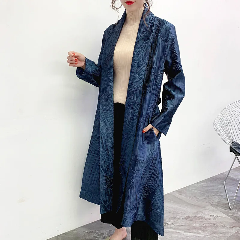 LANMREM 2020 New V-nekc Full Sleeves Pleated Open Stitch Pocket Cardigan Female Loose Long Windbreaker WJ73603 waist belts | Женская