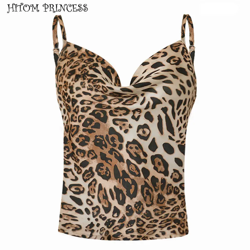 Leopard HITOM/Атласный топ принцессы с леопардовым принтом, Женская майка жилет Летний без рукавов, сексуальные футболки с ремешками, базовые Топы, женский укороченный топ, уличная одежда - Цвет: Leopard