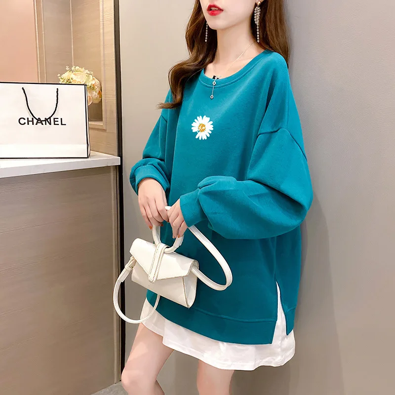 

Winter 2020 Korean Little White Daisy Print Oversized Women's Harajuku Thickened Sweatshirt Casual Long Sleeve Loose Pullover