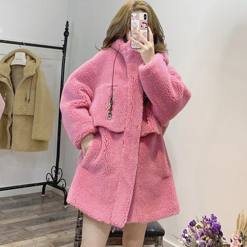 Pink Пальто из искусственного меха с капюшоном Новое модное зимнее пальто для женщин 30% шерстяное пальто для женщин размера плюс плюшевое Пальто Толстая Теплая Повседневная одежда - Цвет: Pink