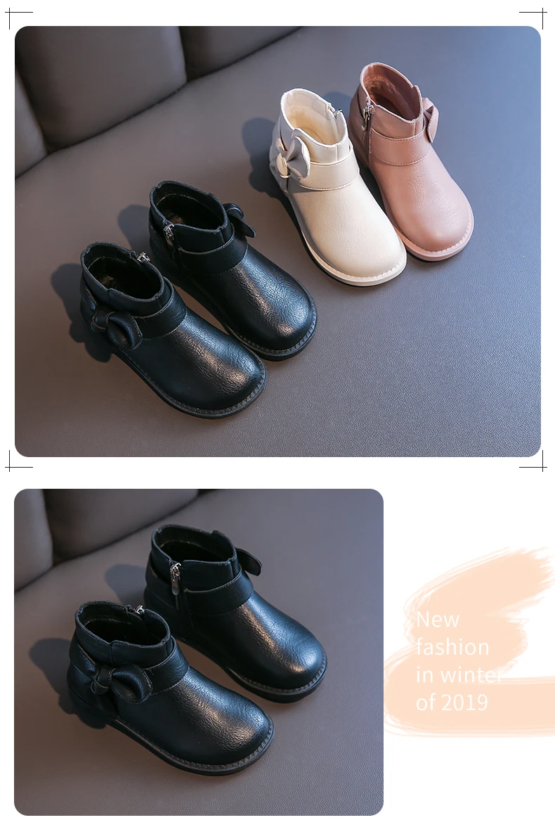Детская обувь г. Новые милые ботильоны с бантиком для маленьких девочек зимние детские модные ботинки с белым мехом Нескользящая теплая обувь черного цвета для малышей