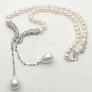 

Freshwater Cultured White Pearl Necklace White Sea Shell Pearl Zircon pave Pendant 20"