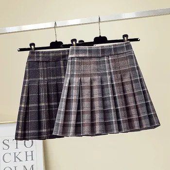 

COIGARSAM 4XL Plus Size Woolen Women Short Skirt Skirts Purplish Blue Grid Light Grey Plaid 1918