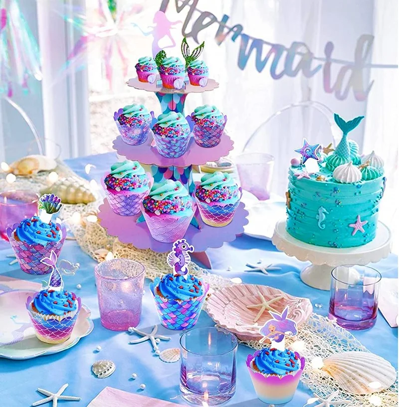 Mermaid Cupcake Toppers Wrappers Mermaid Cupcake Liners Under The Sea Cake Decorations Birthday Party Dessert Dress Up Supplies party decorations birthday party supplies cake topper cake decorations cake toppers cupcake supplies