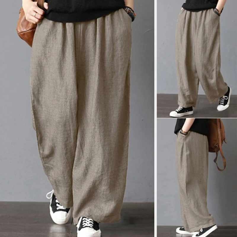 Шаровары женские пеньковые шаровары плюс размер S-2XL свободные женские брюки из хлопка и льна плиссированные более размер карманы широкие брюки