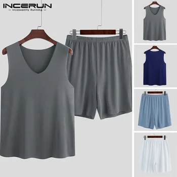 

Men Pajamas Sets Summer Solid Color Soft Sleepwear V Neck Sleeveless Tops Short Bottoms Comfortable Men Pyjamas Suits S-5XL
