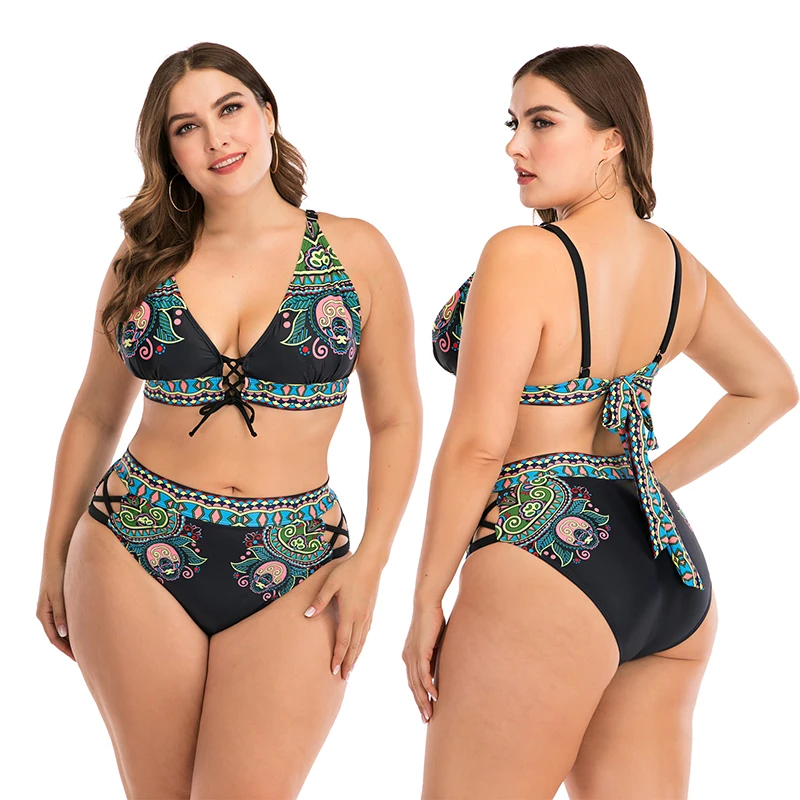 

Retro Women's Bikini Set Big Breast Swimsuit With Padded Swimwear Deep V Bandage Beachwear Biquinis Female Plus Size 4XL