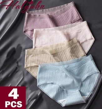 

4 Pcs/lot Large Size 2XL Ribbed Cotton Mid-waist Basic Briefs Cotton Panties Antibacterial Breathable Stretch Underwear Women