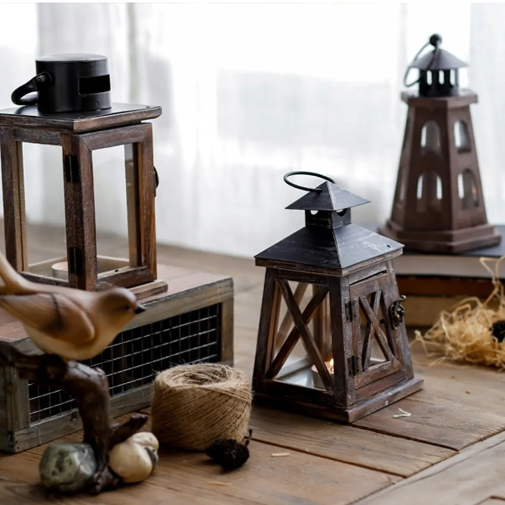1pc Wrought Iron Candlestick Wooden Wind Light Castle Lighthouse Decorative Vintage Old Charcoal Gray Wind Light Hot Sale