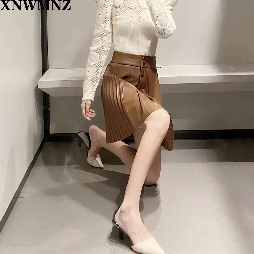 Fashion Xnwmnz Za Women Pleated Faux Leather Skirt Female Ladies Mini