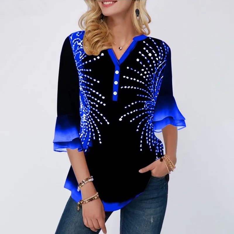 

Ladies Tee Shirt Plus size 5xl Latest Model Single-breasted Print Position Blue V-neck Flared Sleeve Tops Female Loose T-Shirt