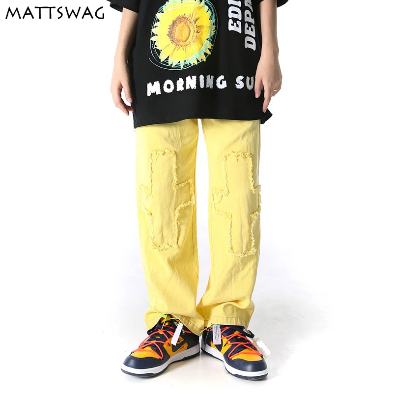 

MATTSWAG Yellow Patchwork Jeans for Men Hip-Hop Personality Mens Jeans Casual Skateboard Men Denim Pant Straight Solid Men Pants