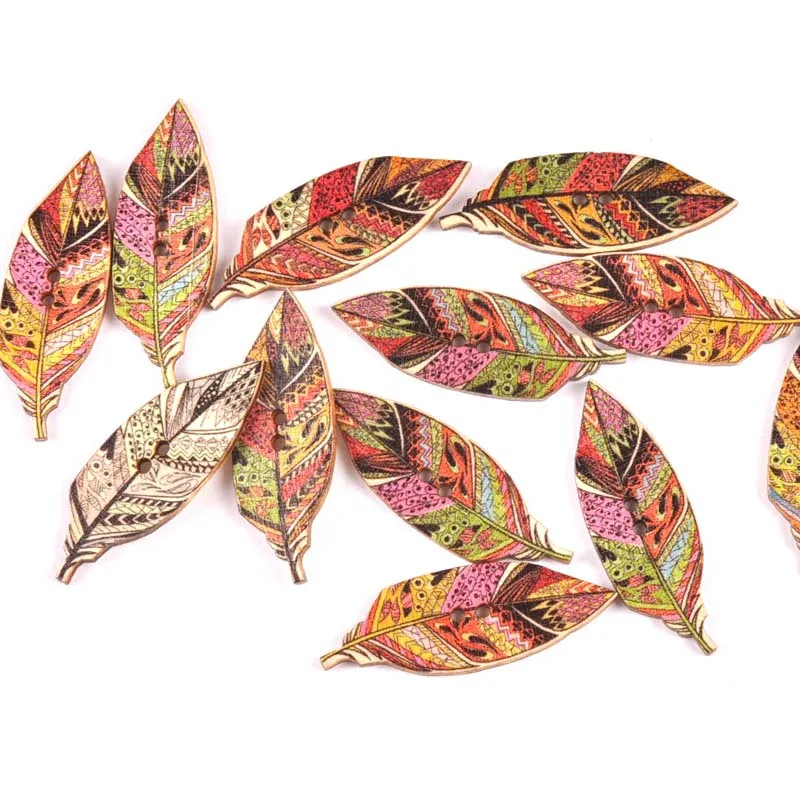 40PCS Leaf Printing Button Wooden Beads DIY Clothing Coat Scarf Accessories Holiday Party Decoration Jewelry Buckle 15X42mm | Украшения и