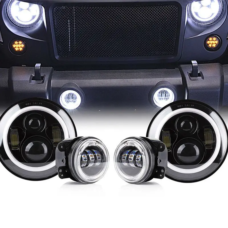 For Lada Niva Urban 7inch Led Headlight Light Halo Angle Eyes DRL Headlamp with fog lamp Jeep Wrangler Off Road 4x4 suzuki s | Автомобили
