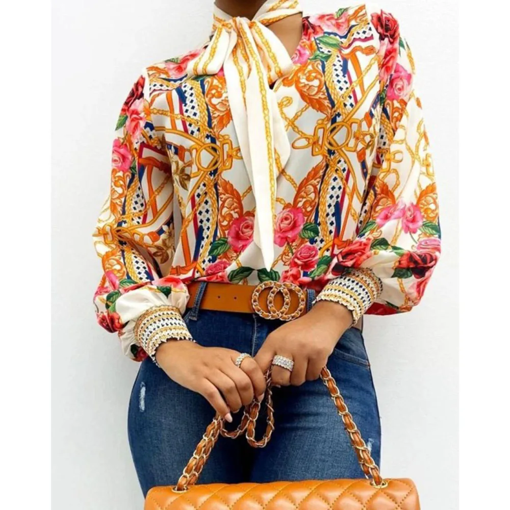 

Vintage Floral Printed Women Blouses Long Sleeve Causal Elegant Office Ladies Tops Thin Summer Fall Chiffon OL Blouse Shirt