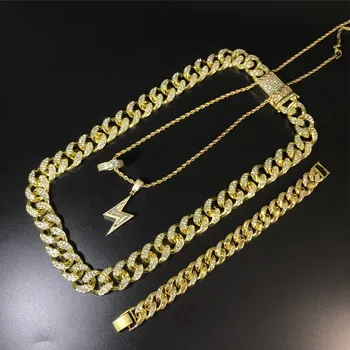 

Hip Hop Men Cuban Lightning Necklace & Braclete & Ring Combo Set Ice Out Crystal Miami Cuban Chain Necklace Jewerly For Men