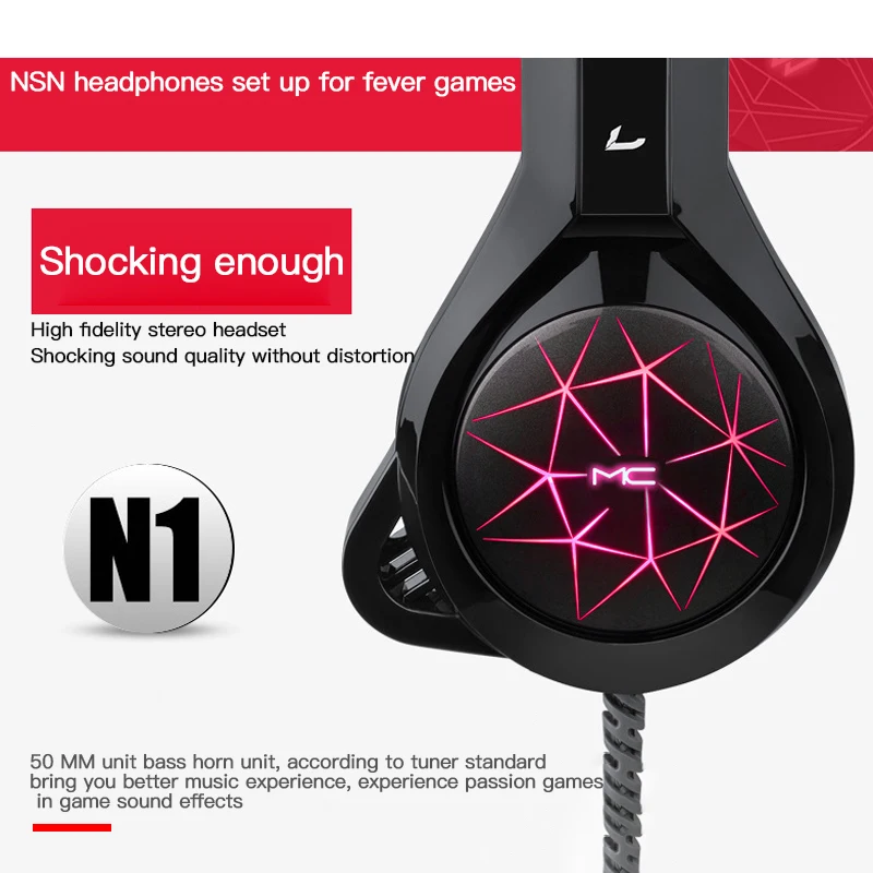 MC N1 Gaming Headsets Big Headphones With Light Mic Stereo Microphone Gaming Headphones Overear Laptop Tablet Gamer E sports