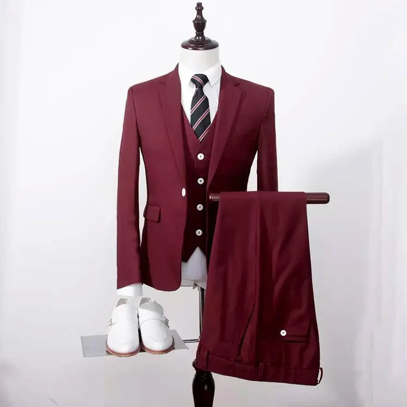

Burgundy Evening Party Formal Men Suits 3 Piece Notched Lapel Classic Style Wedding Groom Tuxedos Jacket Pants Vest