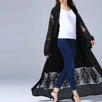 

Embroidery Patchwork Lace Boho Blouses Long Autumn Flare Sleeve Thin Shirts Women Sexy See Through Maxi Cardigan
