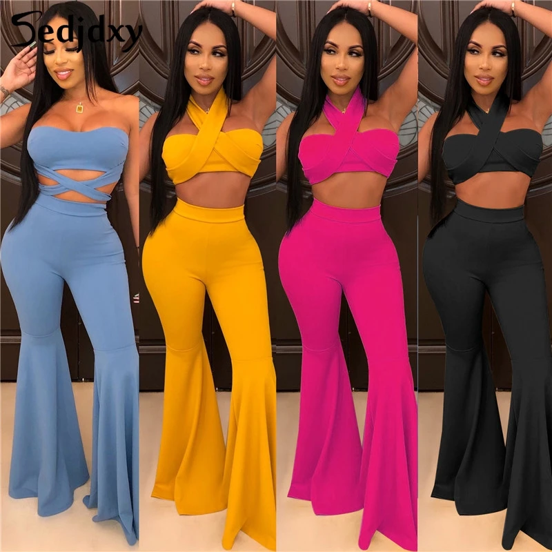 

2019 Autumn Fashion Women Wide Leg Pants 2 Piece Set Set Sleeveless Crop Top And Pants Sexy Two Piece Women Clothes