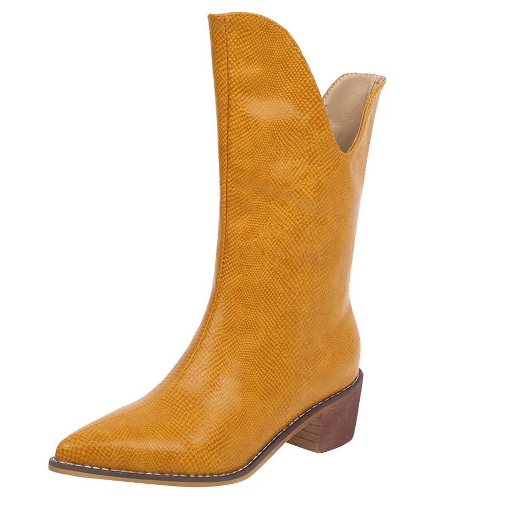 Solid Color Boots Women's Ladies Leisure Rome Large Size Slip-On Square Mid-heel Boot Shoes PU leather Booties zapatos de mujer