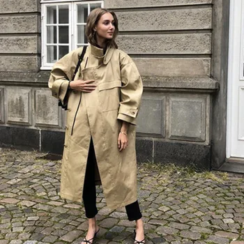 

Autumn Winter New British Style Temperament Elegant Women Trench Classical Khaki Loose Medium Length Coat
