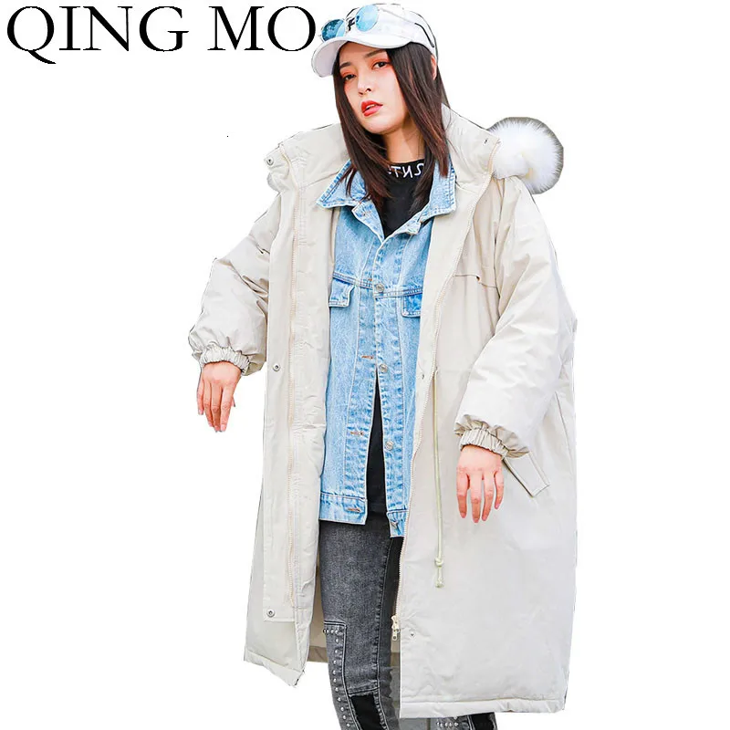 QING MO желто-белые женские парки с капюшоном женские джинсовые Лоскутные парки Зимняя Толстая теплая парка с регулируемой талией ZQY2454