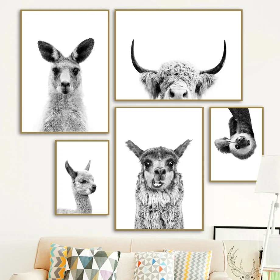 Black White Animals Wall Art Canvas Painting Alpaca Kangaroo Otter Cow Posters And Prints Decorative Pictures For Kids Room | Дом и сад