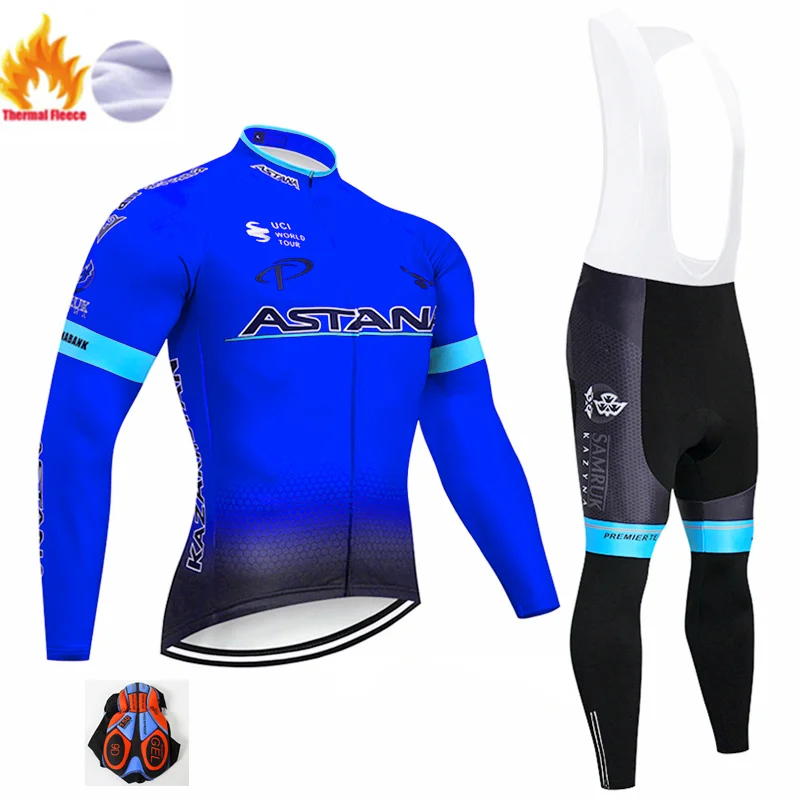 Winter suit Флуоресцентная желтая Команда Астаны зимний термальный флис Велоспорт Джерси велосипед брюки набор Мужские Ropa Ciclismo 9D велосипедный майон - Цвет: Winter suit