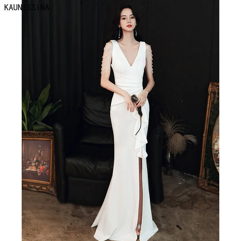 

White Evening Dress Lady Sexy Banquet Mermaid Evening Dress V-Neck Sleeveless Beading Formal Party Dress Long Gown for Women