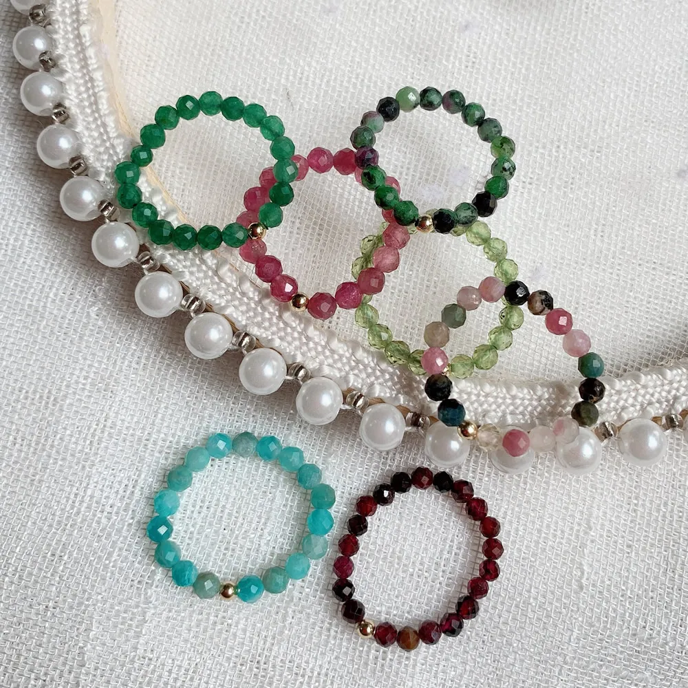 Womens Ring Natural Crystal Rings for Women Small Beads Shiny Quartz Garnets Agates Pink Tourmaline Minimalism Elastic Adjustable Ring Boho