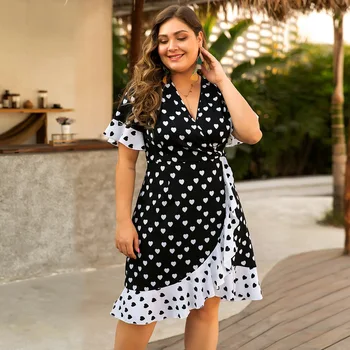 

Black White Heart Printed Dress Short Sleeve Ruffles Women Dress Plus Size Casual Wrap V Neck Empire Waist Asymmetrical Dresses