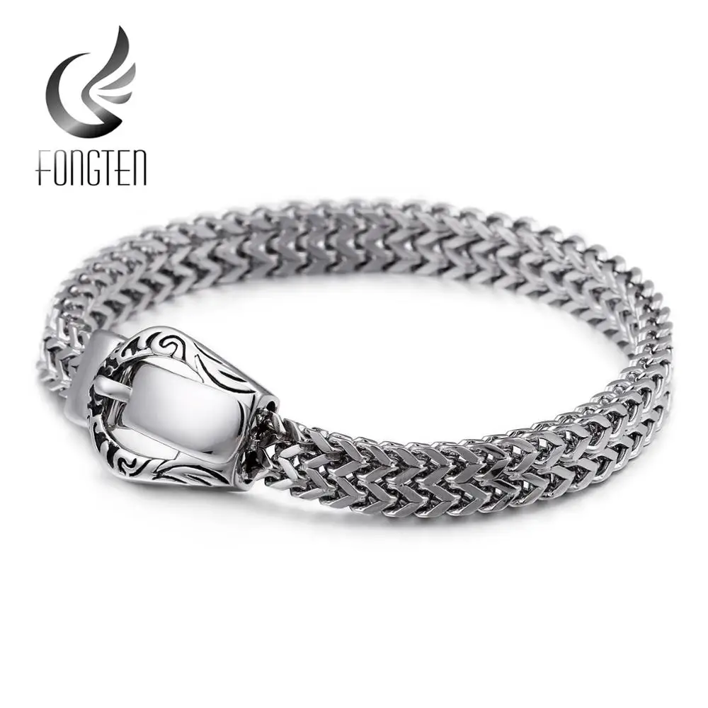 Fongten манжета ремень пряжка Классический браслет для мужчин серебро Нержавеющая сталь сетка цепи браслеты ювелирные изделия