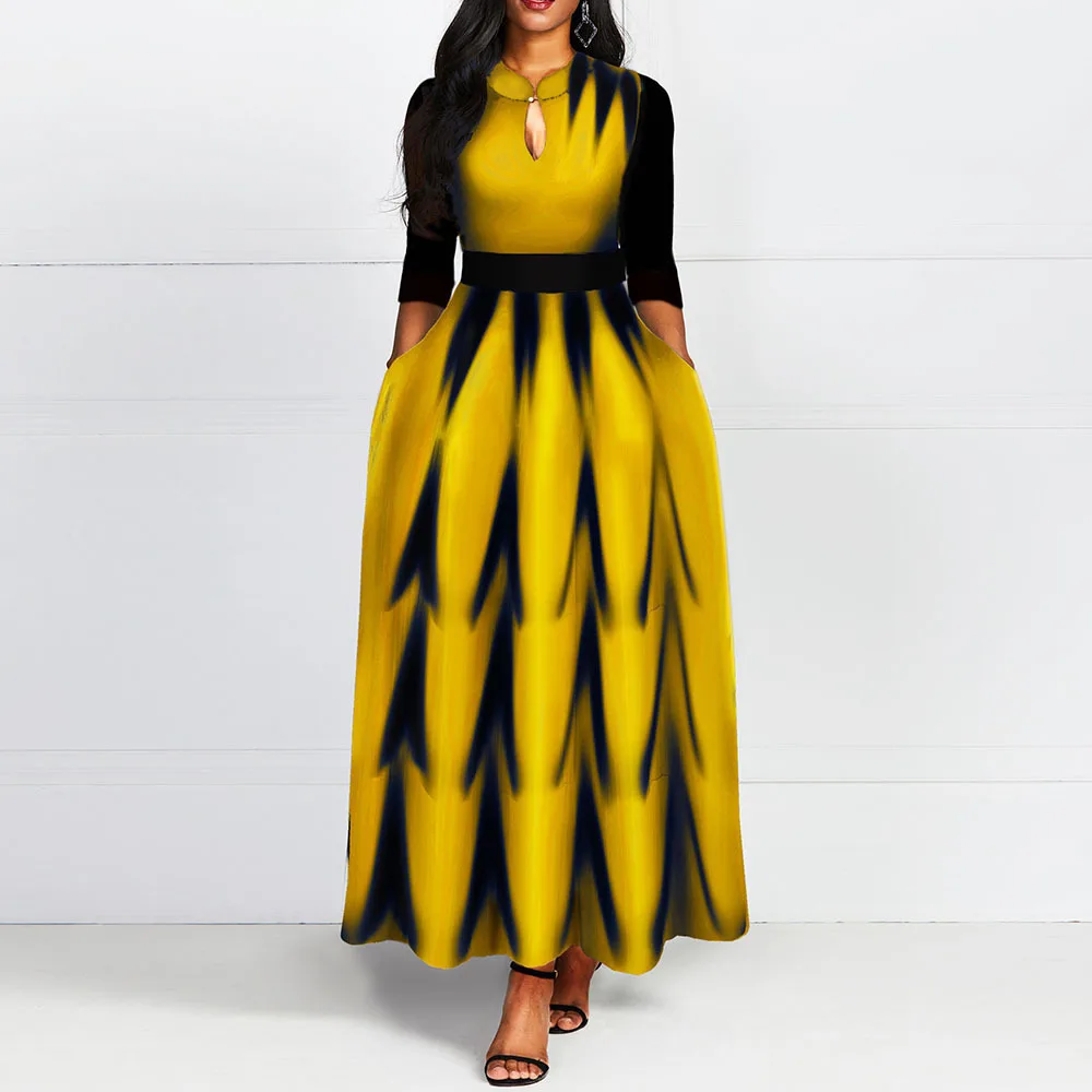 

Yellow Long A Line Dress Elegant African 2020 Spring Summer Print Office Lady Dinner Women Dresses Robe Casual Fashion Vestiods