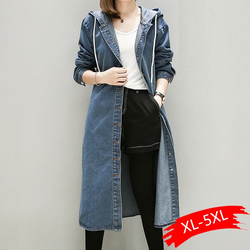 2021 Autumn New Large Size Coat Women's Long Section Denim Windbreaker Hooded Jacket Female | Женская одежда