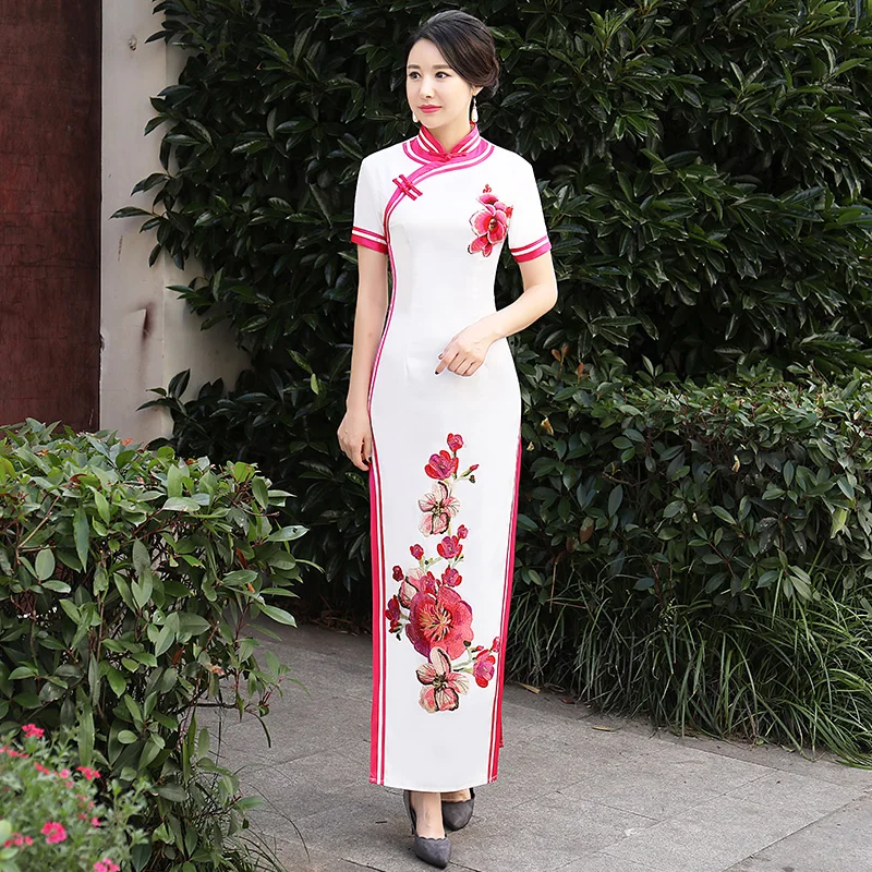 Восточное женское платье-Чонсам с коротким рукавом Qipao элегантный в китайском стиле Длинные вечерние платья роскошное облегающее платье Vestido s-xxxl