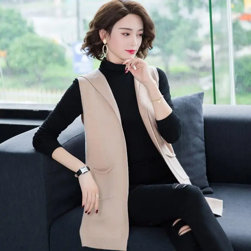 Winter Loose Sleeveless Knitted Cardigan Women Pockets Solid Vest Long Hooded Vest Plus Size Vest Sweater Coat