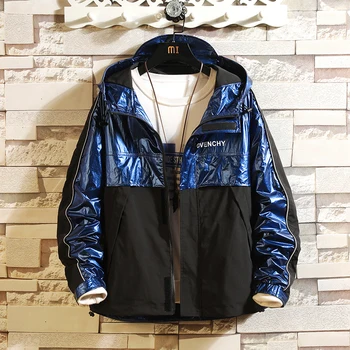 

Hooded Jacket Men Fashion Coat 2019 Spring Autumn Hip Hop Jackets Male Streetwear Casual Glossy Patchwork Jacket Coat