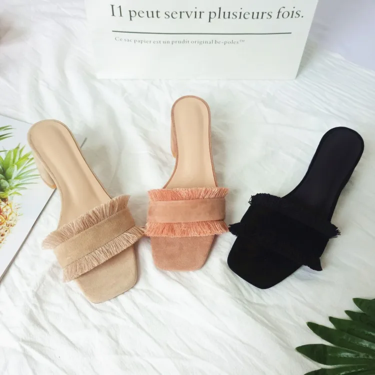 

kmeioo fashion summer fringe shoes chunky heels block heels women slides casual slippers