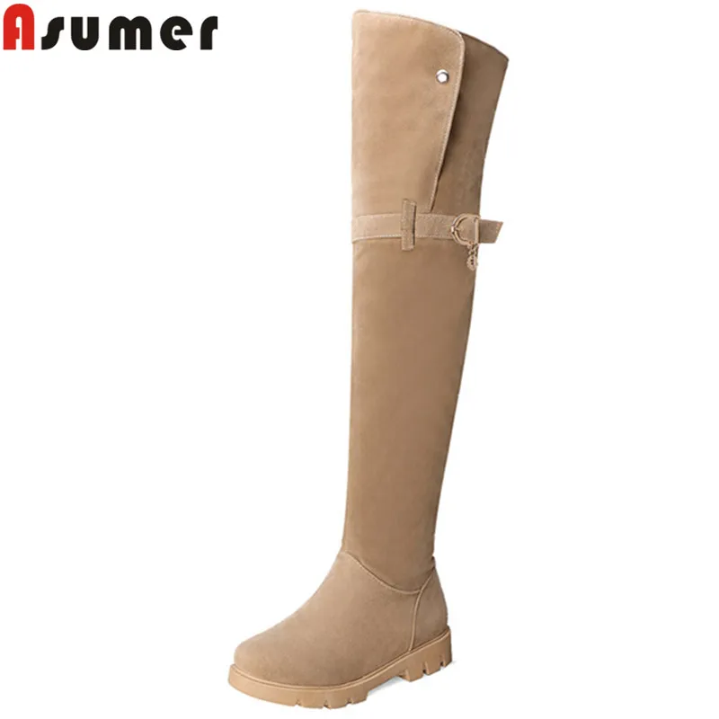 Asumer, большие размеры 34-43, модные сапоги выше колена женские осенне-зимние сапоги на молнии с круглым носком женские сапоги на плоской подошве Новинка года