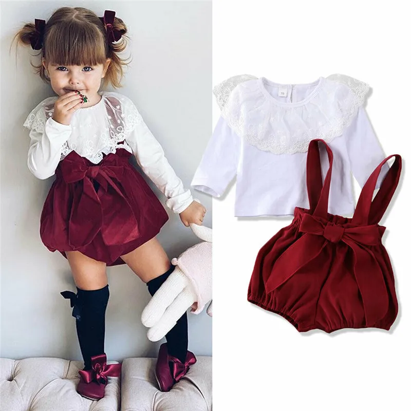 Pudcoco/кружевная одежда принцессы для маленьких девочек; блузка; топы+ шорты-фонарики на лямках; комбинезоны; модная Милая одежда с длинными рукавами; комплект из 2 предметов
