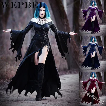 

WEPBEL Vintage Women Gothic Placed Elegant Dress Lace Up Patchwork Flare Sleeve Sexy Ankle-Length Female Party Dress