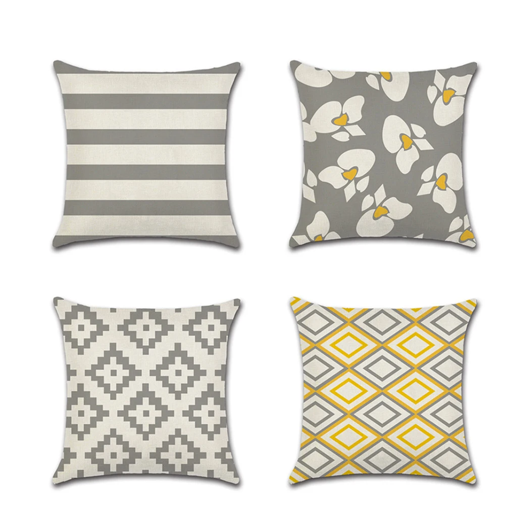 

Linen Cushion Cover Geometric Patterns Stripe Yellow Flower Home Decor Pillow Cover for Sofa Cushion Case 45*45cm
