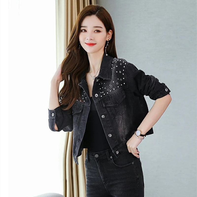 

Black Jean Jacket Women Fall Fashion 2020 Long Sleeve Short Denim Jackets and Coats Cool Jean Coat WIth Beading Womens Casual