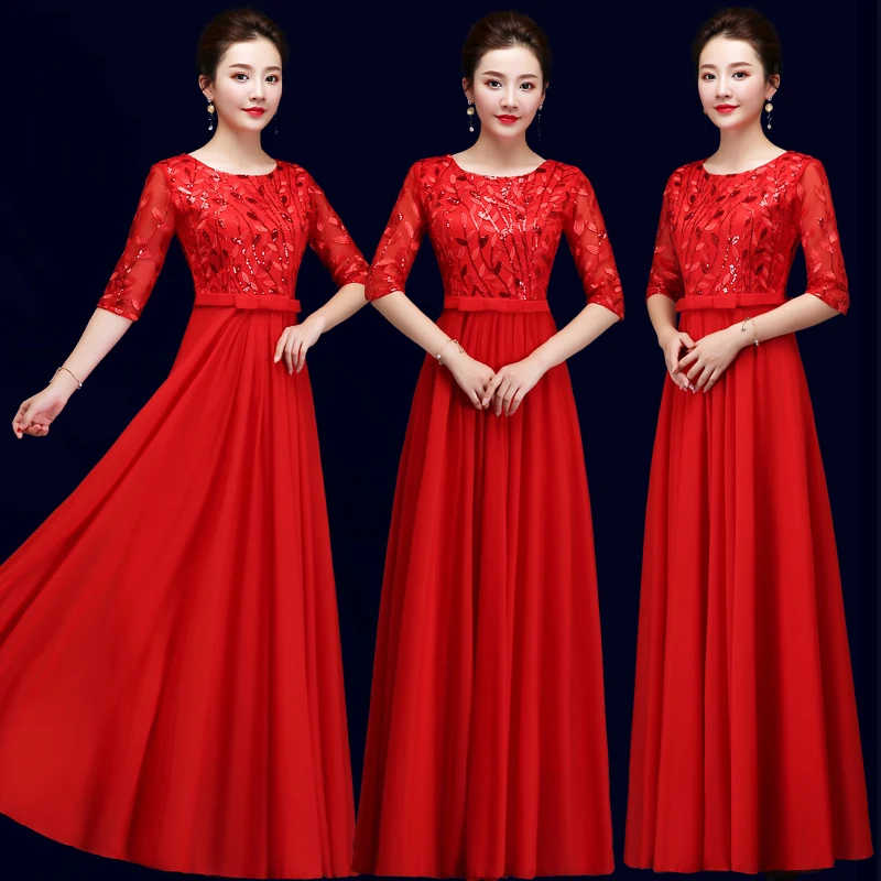 WMLF78# длинное вечернее платье с красными блестками и вышивкой, костюм со средним рукавом, вечерние платья для хора, платье для выпускного вечера, женской одежды