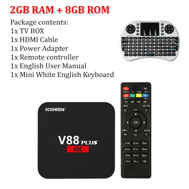 2G EU White Keyboard SCISHION V88 Plus Android tv BOX 2 ГБ 8 ГБ Android 6,0 Rockchip 3229 четырехъядерный WiFi Поддержка Bluetooth H.265 телеприставка мини-ПК - Цвет: 2G EU White Keyboard