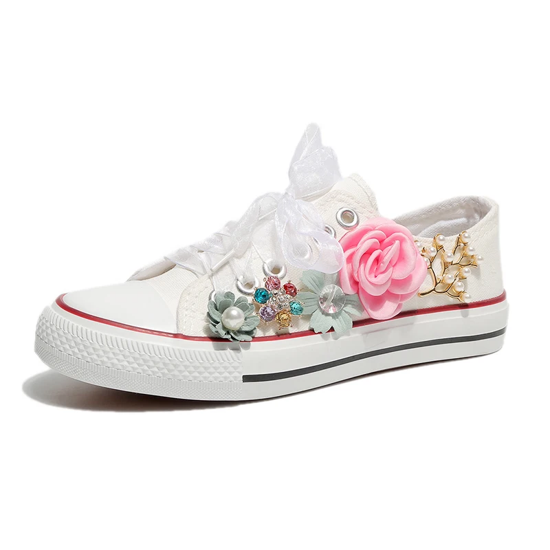 

White Canvas Shoes Women Shoes Women Sneakers New Korean Off White Shoes Flowers Pearl Lace Up Shoes Womens Shoes Woman Trainers
