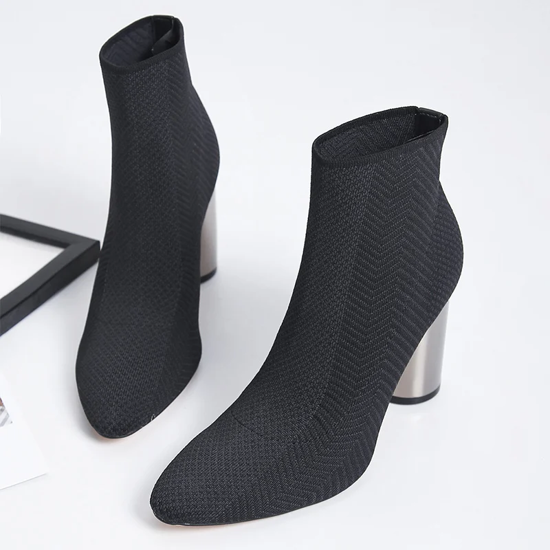 

Autumn Women Stretch Knitting Ankle Boots Pointed Toe Metal Round Heel Female Slip On Fashion Pumps Elegant Ladies Shoes Comfort