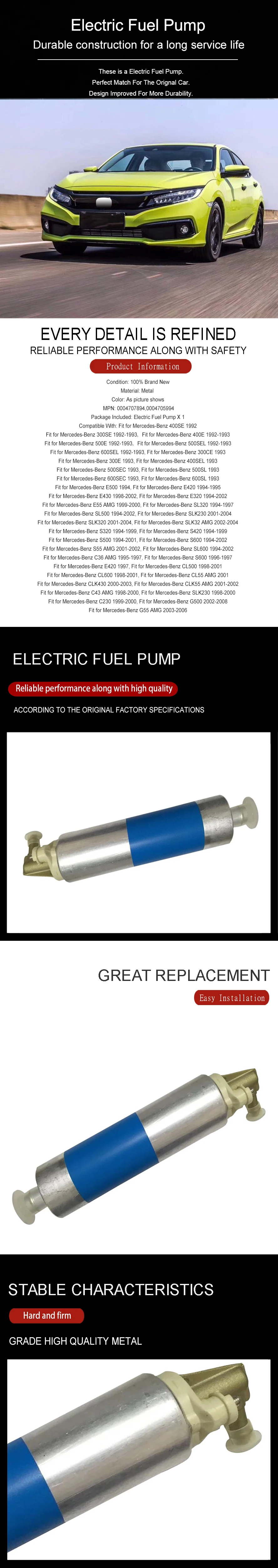 Wooeight 0004707894 0004705994 Electric Fuel Pump Fit for Mercedes Benz W124 W140 W202 W210 W220 SLK E220 E320 S320 S500 CLK430 (7)