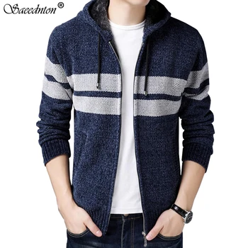 

Sweater Coat For Men 2020 Winter Fashion Thick Fleece Warm Hooded Cardigan Jumpers Men Striped Wool Liner Zipper Fleece Coat Men